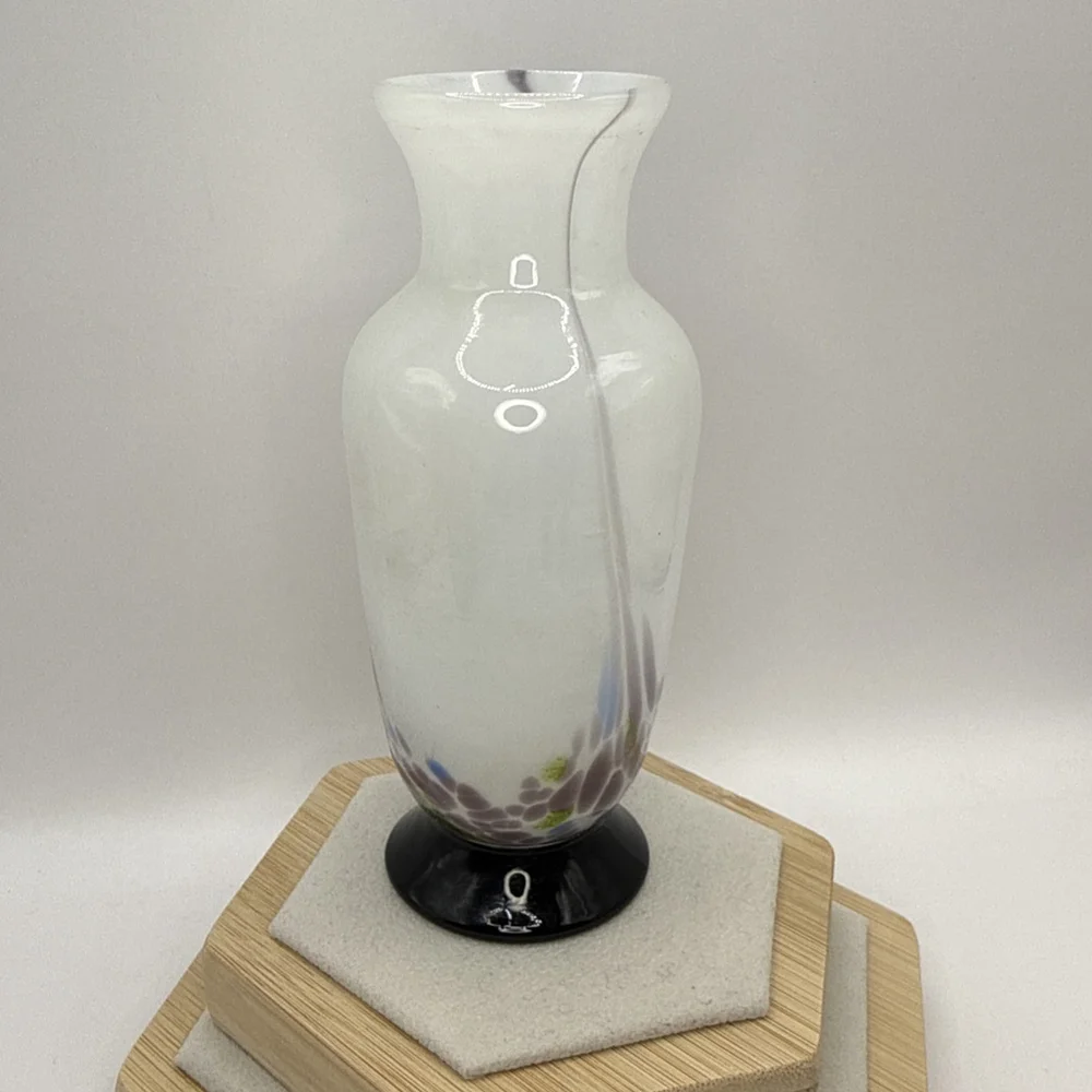 Vintage Art Glass Vase. Hand Blown with Pontil Mark. White and Amethyst Purple